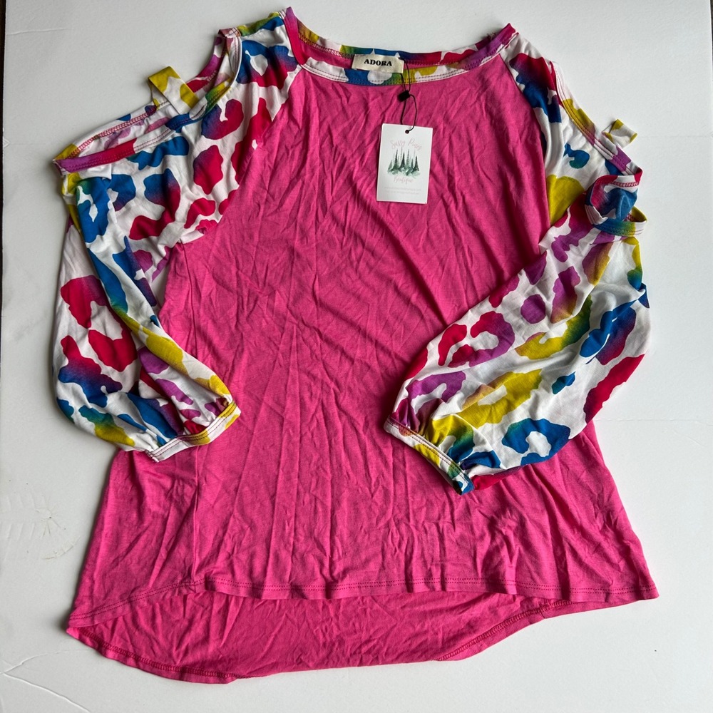 Adora‎ Top Cold Shoulder Rainbow Leopard Print Pink Women Large
